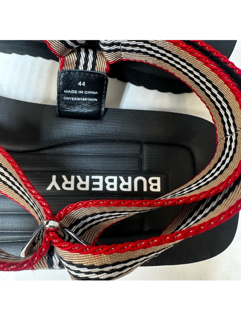 Burberry Black Sandals with Beige and Red Striped Webbing - Picture 7 of 8